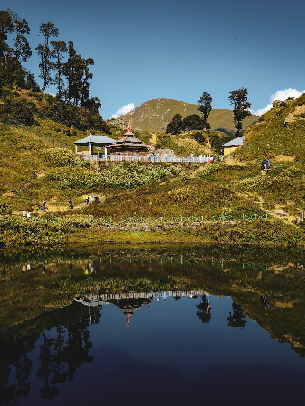 a house sitting on a hill next to a body of water