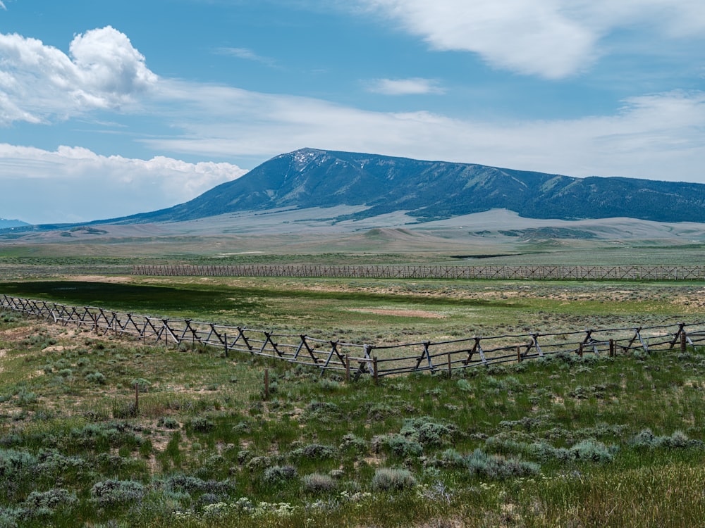 a fence in a field with a mountain in the background