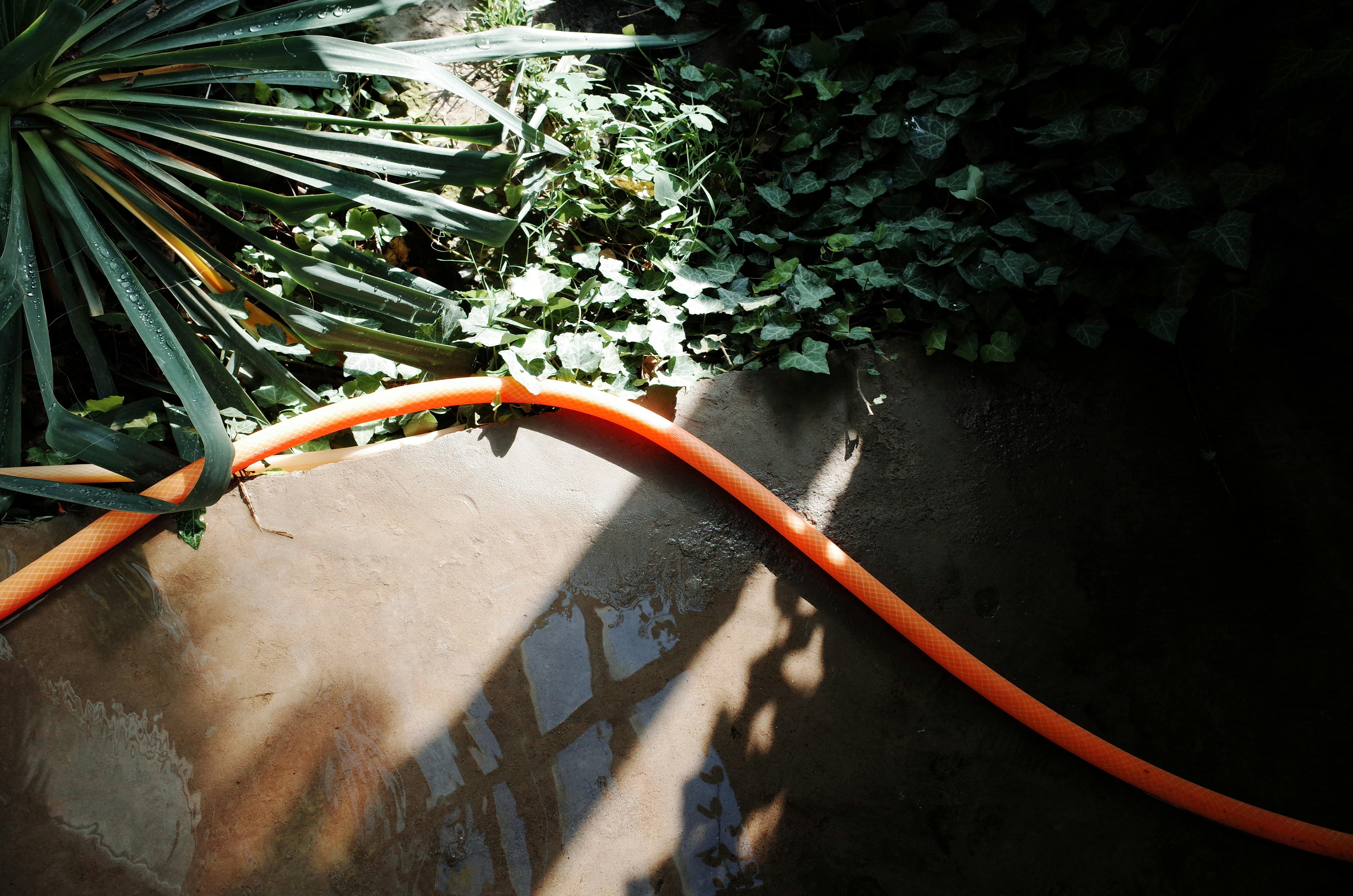 Outdoor garden hose connected to a clean brass spigot on a brick home - plumbing tips for midwest homeowners