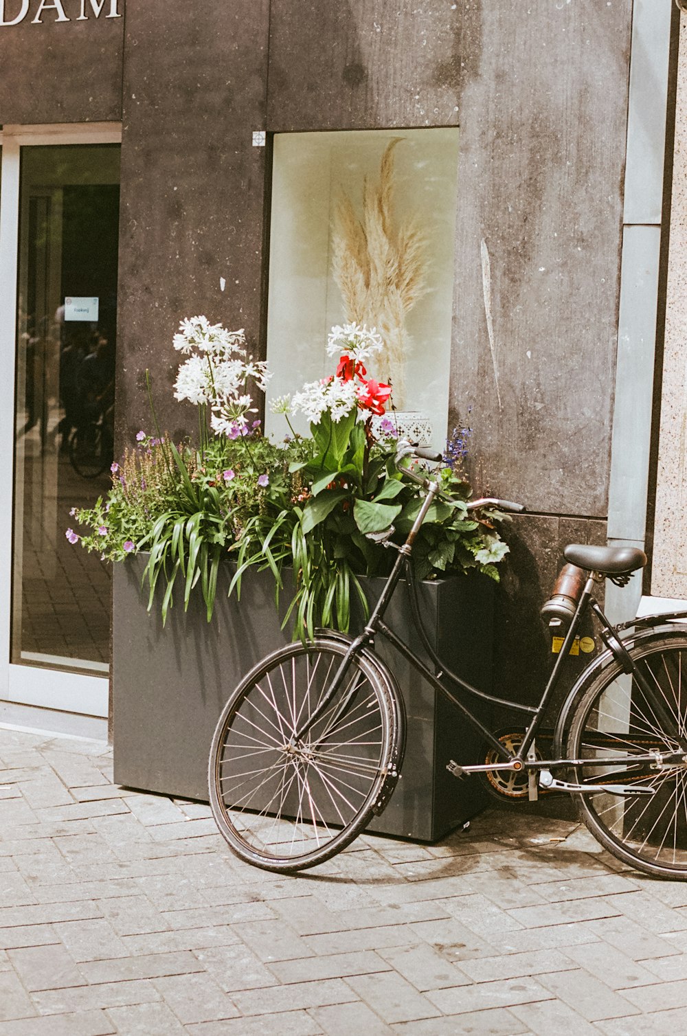 a bicycle is parked next to a flower box