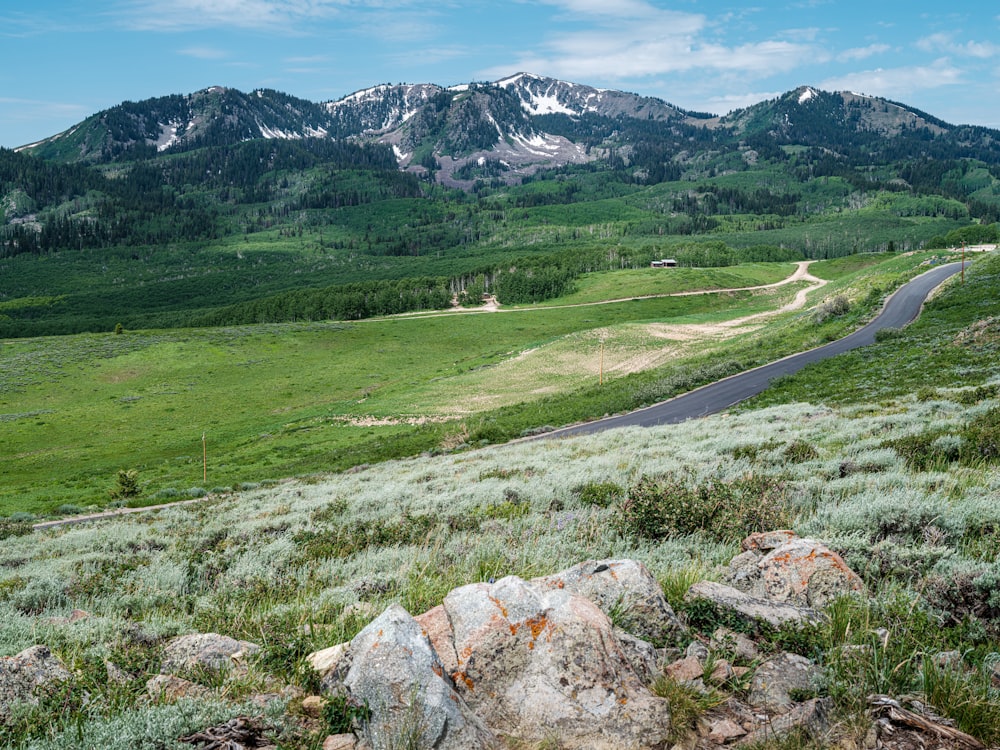 a view of a mountain valley with a winding road