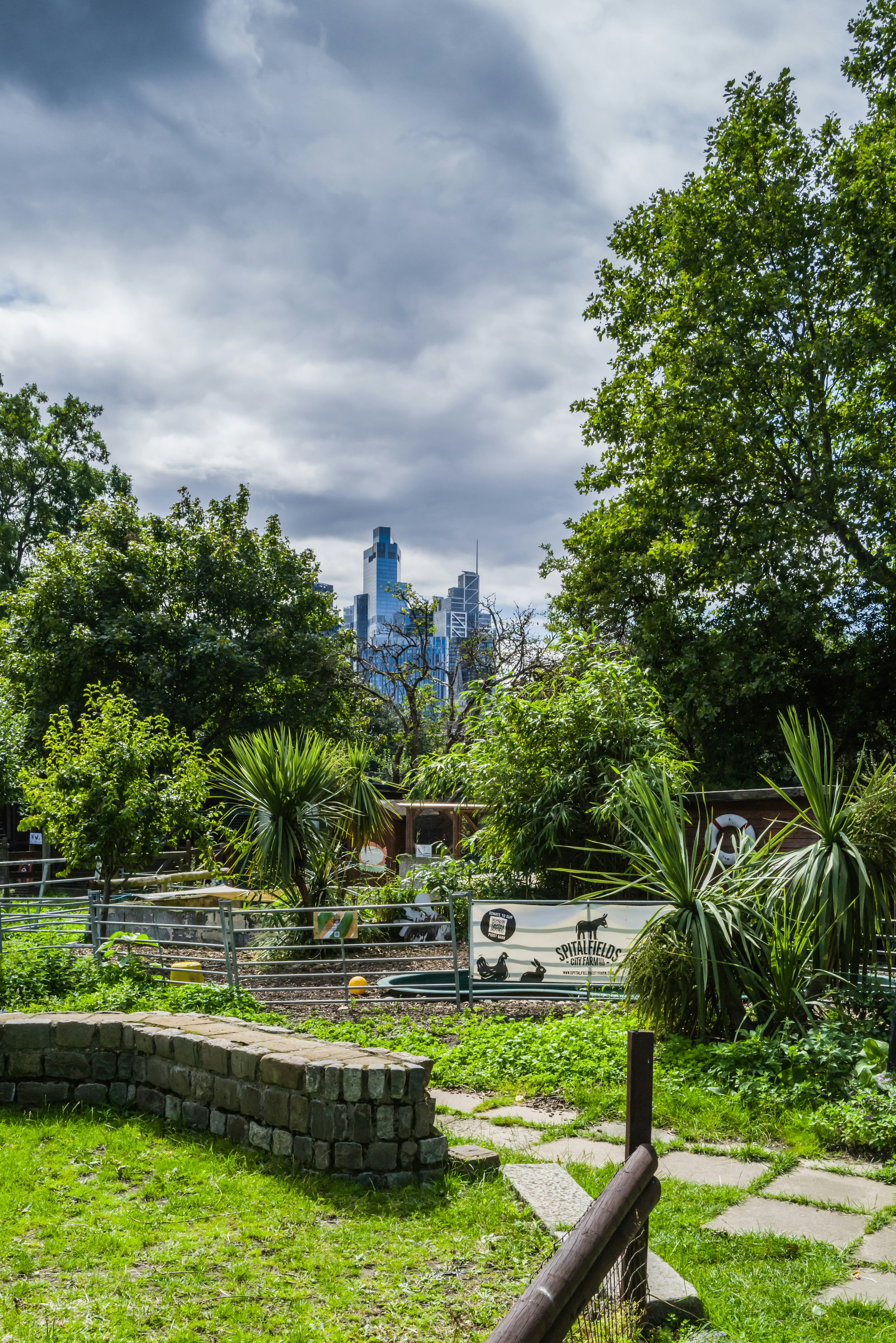 a park area with a bench, trees, and a city in the background