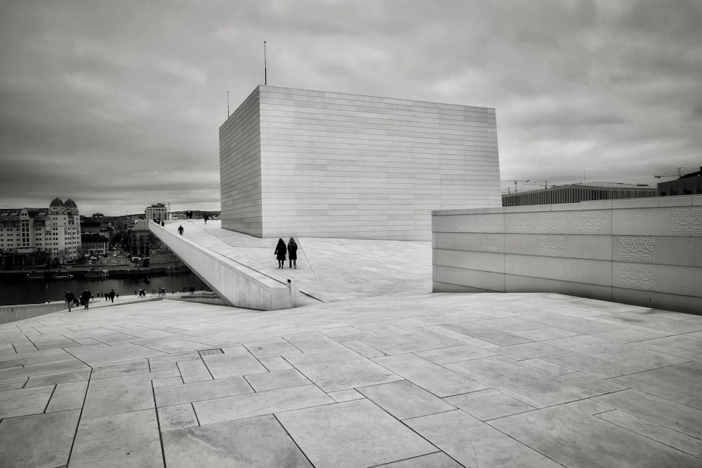 a black and white photo of two people walking