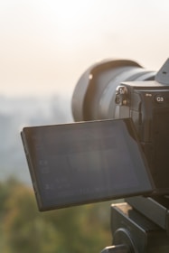 A digital camera with a large lens is positioned to take a photo, with its screen displaying camera settings. Soft sunlight is illuminating the scene against a blurred natural backdrop.
