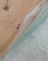 An aerial view of a sandy beach with footprints leading away from a single palm tree shadow. A person is walking along the shoreline with a bright pink surfboard, next to gentle waves lapping at the sand.