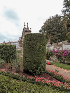 A well-maintained garden features a large, cylindrical hedge as the central focal point, surrounded by vibrant pink flowers and neatly trimmed greenery. In the background, an ornate stone structure with decorative spires is visible, along with a white stone wall adorned with blooming purple flowers. The sky is overcast, giving a soft light to the scene.