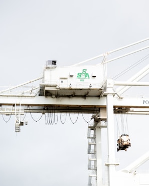 A large industrial crane is situated in a port setting. The crane has a white structure with a green logo that reads 'SSA Terminals.' The crane features various cables and machinery, including a suspended container or object being lifted. The background is a pale sky, creating a stark contrast with the crane's structure.
