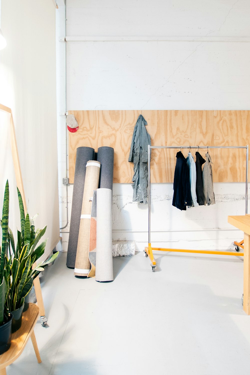 a room with a bed, a plant and a coat rack