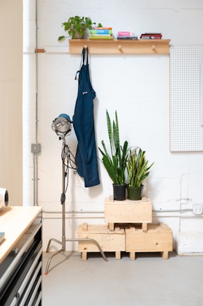A minimalistic interior features a white wall with a wooden shelf holding books, a small potted plant, and decorative items. Below, a wooden peg holds a dark blue apron, and two potted plants sit atop a stack of wooden crates. On the left, a tall, vintage-style lamp stands next to a wooden storage unit.