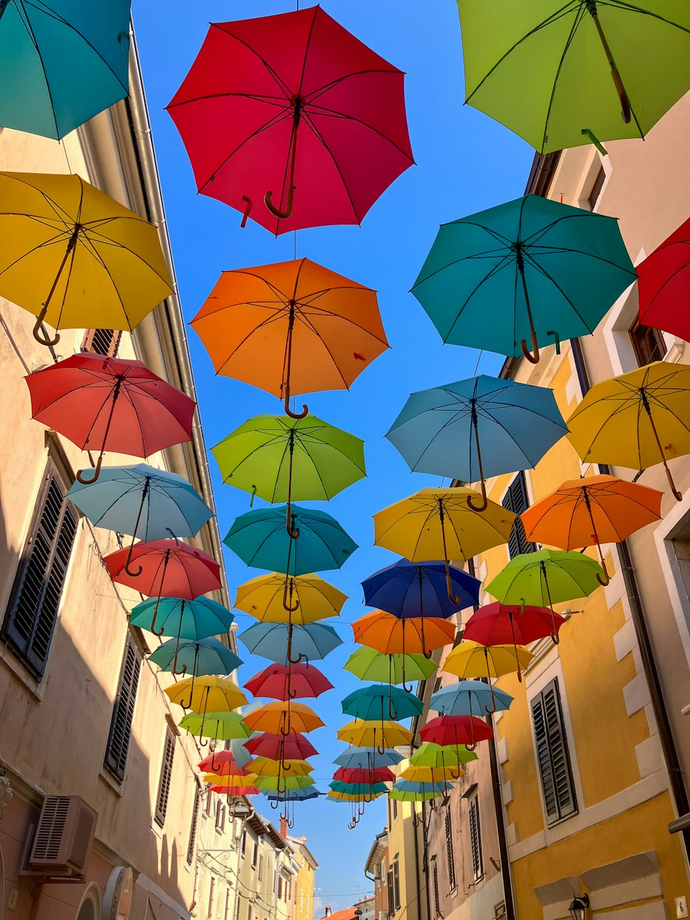 a group of colorful umbrellas hanging from the ceiling
