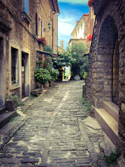 A rustic village street lined with stone houses and blooming flowers.