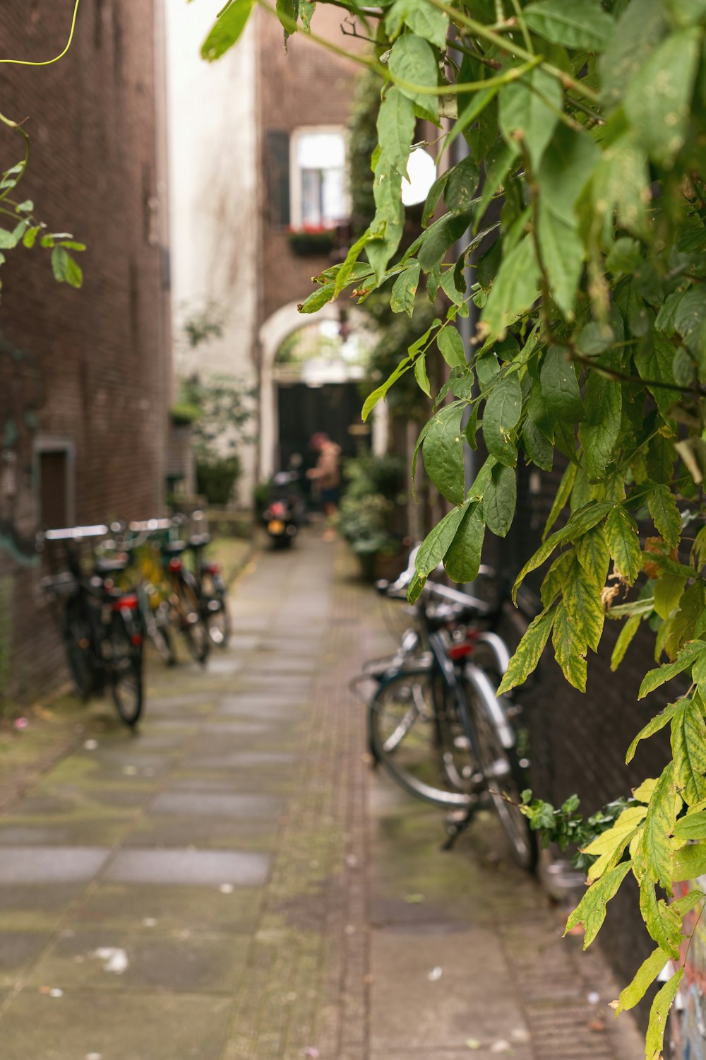 a narrow alley with many bikes parked on the side of it