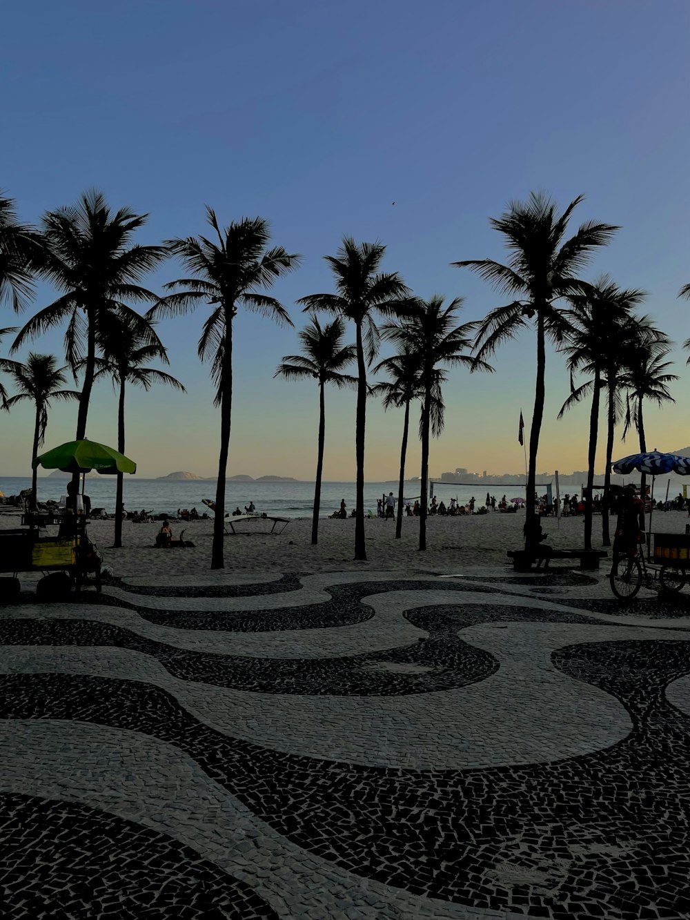 a sandy beach with palm trees and people on it