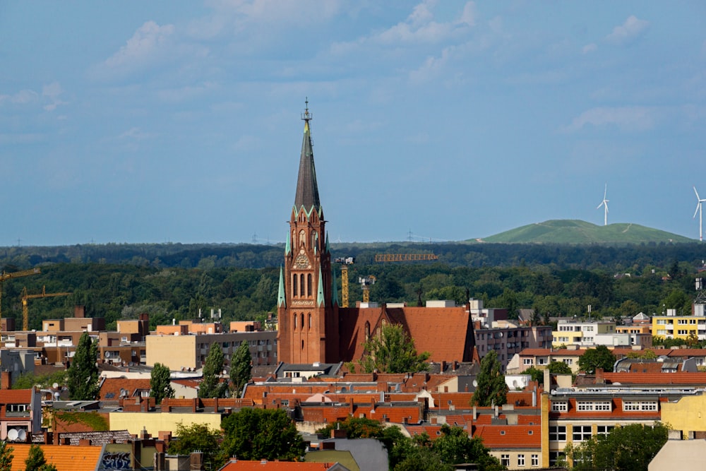 a view of a city with a church steeple