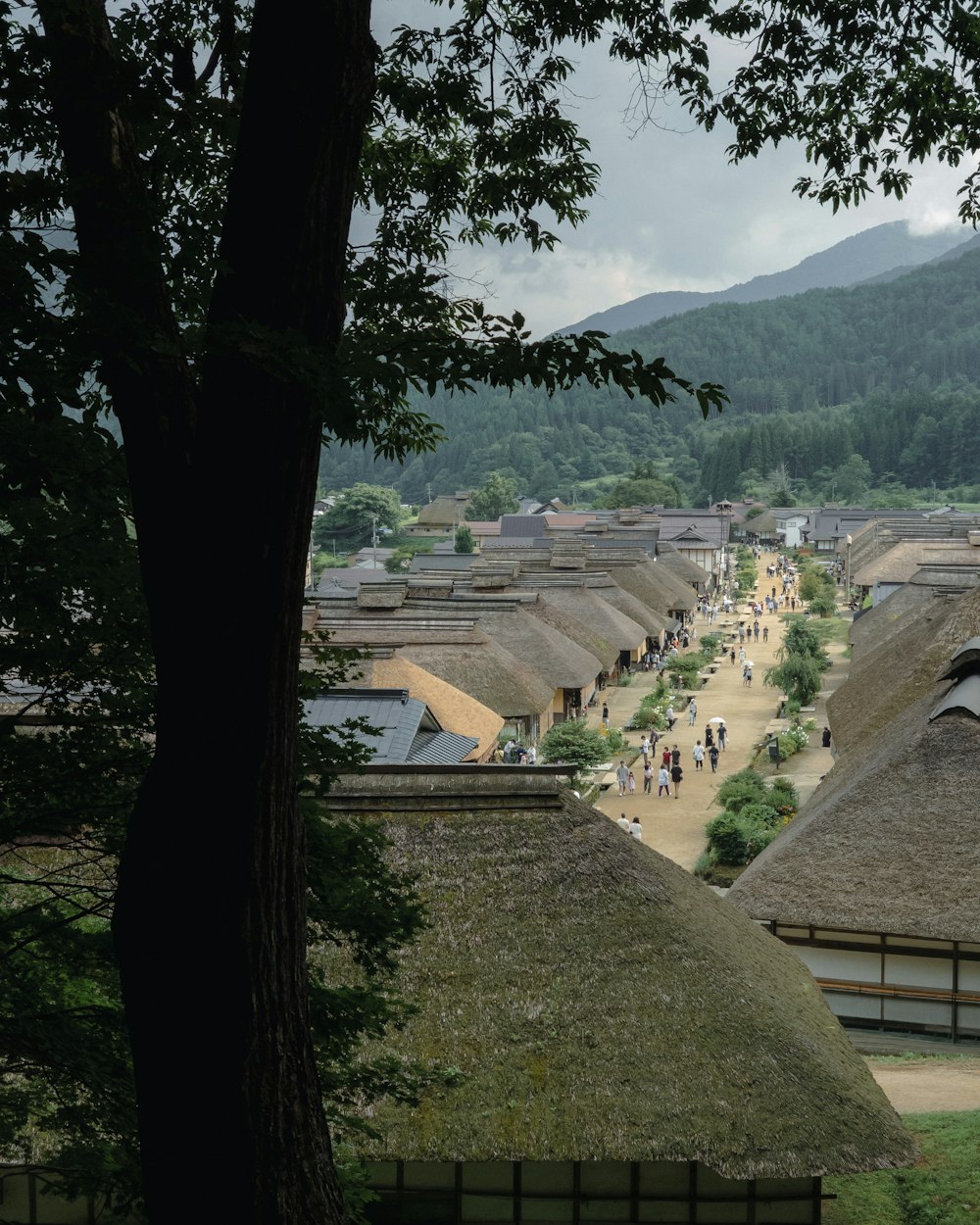 a group of people walking around a village