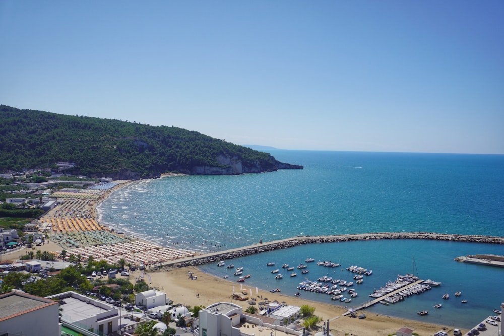 an aerial view of a marina with boats in the water