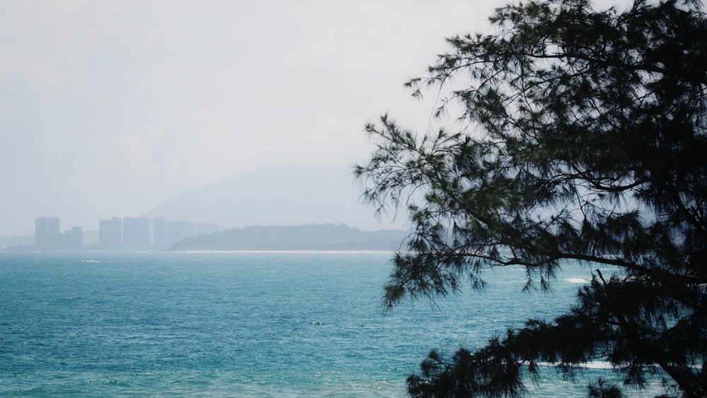 a large body of water with a city in the distance