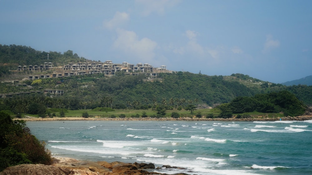 a beach with houses on a hill in the background