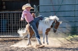 A young person wearing a cowboy hat and a striped shirt rides a small bucking horse in a dusty corral. The scene captures movement and a playful yet challenging moment in an outdoor ranch setting.