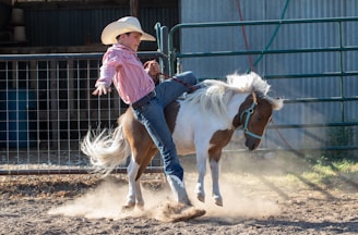 A young person wearing a cowboy hat and a striped shirt rides a small bucking horse in a dusty corral. The scene captures movement and a playful yet challenging moment in an outdoor ranch setting.