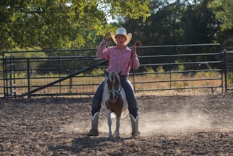 A person wearing a cowboy hat and a striped pink shirt is riding a horse in a dusty outdoor enclosure. The horse is brown and white, and the scene is surrounded by metal fencing and greenery in the background. The rider is holding a rope in one hand.