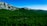 A vast expanse of lush green forest stretches across the landscape, leading to a series of rugged, rocky cliffs under a clear blue sky. The scene is serene and untouched, emphasizing the beauty of nature.