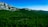 A vast expanse of lush green forest stretches across the landscape, leading to a series of rugged, rocky cliffs under a clear blue sky. The scene is serene and untouched, emphasizing the beauty of nature.