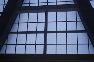 Large, grid-like window structure with several rectangular panes set in a dark metal or concrete frame. The window appears to be part of a tall building, possibly an atrium or a commercial space.