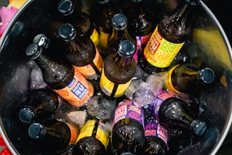 A bucket filled with ice and several brown glass bottles, each adorned with colorful labels featuring vibrant geometric designs and text. The bottles are standing upright and are partially submerged in the melting ice.