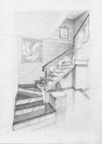 a pencil drawing of a staircase in a house