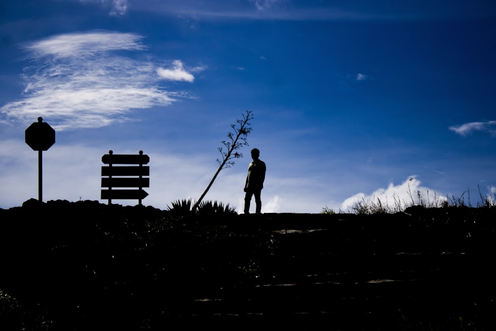 a silhouette of a man standing next to a street sign