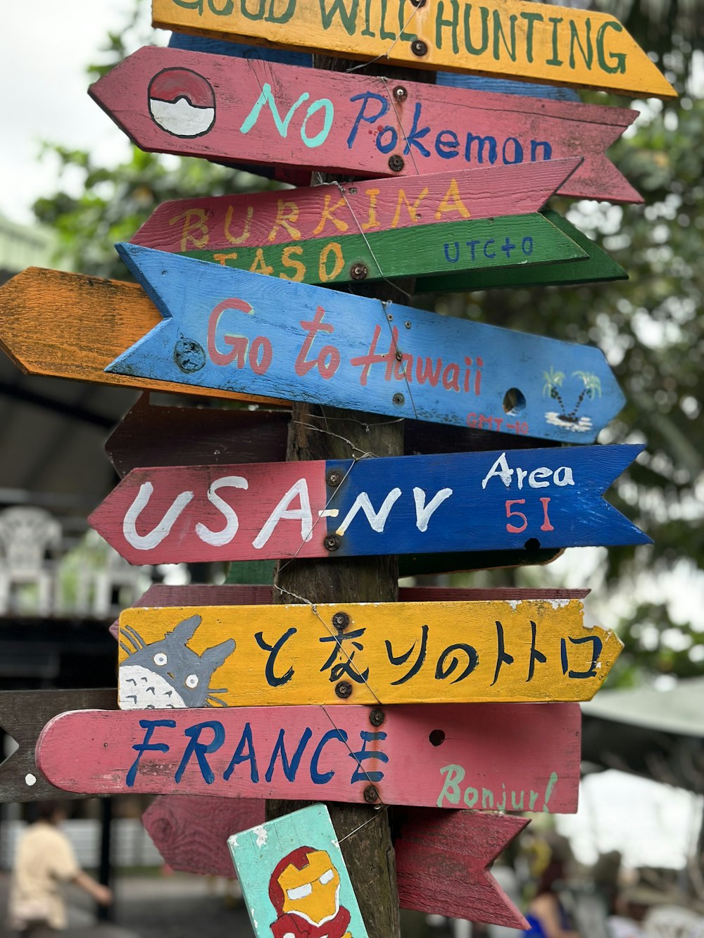 a wooden sign with many different colored signs on it