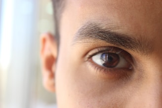A close-up of a person's eye, showcasing detailed features such as the eyelashes, eyebrow, and skin texture surrounding the area.
