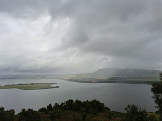 A serene lakeside farmland in Mazury with morning mist and lush greenery.