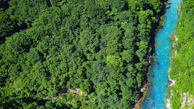Aerial view of a pristine tropical river winding through dense forest.