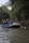 A group of people wearing life jackets and helmets are paddling an inflatable raft down a river. The river is surrounded by lush green foliage, with overhanging trees on both sides. Each person holds a paddle, and they are all focused on navigating through the water.
