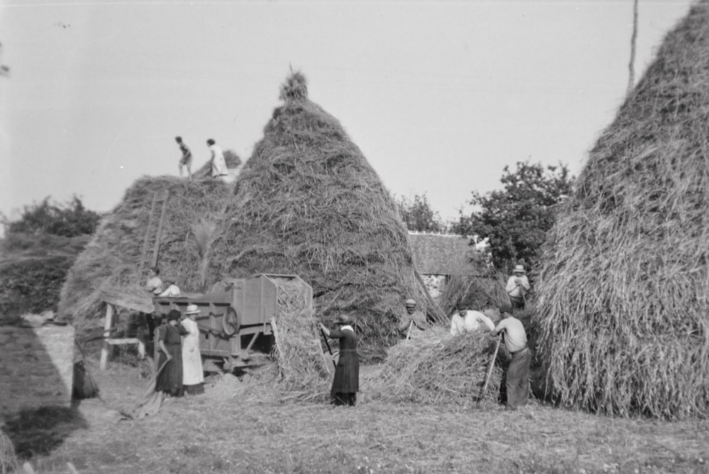 a group of people standing around a pile of hay