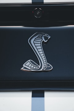 A close-up of a metallic cobra logo on a sleek, glossy surface, possibly the rear of a vehicle. The background is dark, emphasizing the shiny and detailed design of the emblem.