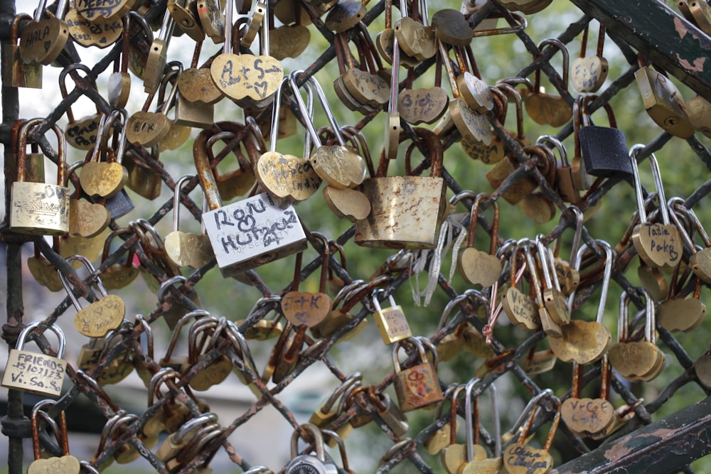 a bunch of padlocks attached to a fence