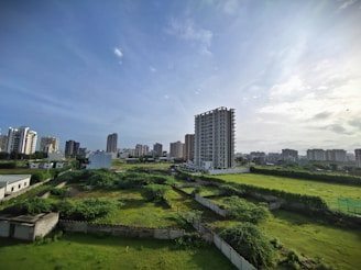 A cityscape featuring a mix of modern high-rise buildings in the background and open green fields with scattered shrubs in the foreground. The sky is mostly clear with a few clouds, creating an expansive and open atmosphere.