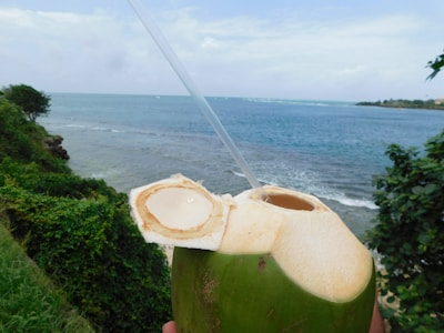 A close-up of a fresh coconut with a straw inserted, held in front of a scenic ocean backdrop. The shoreline is lined with lush greenery, and the sky is partly cloudy.