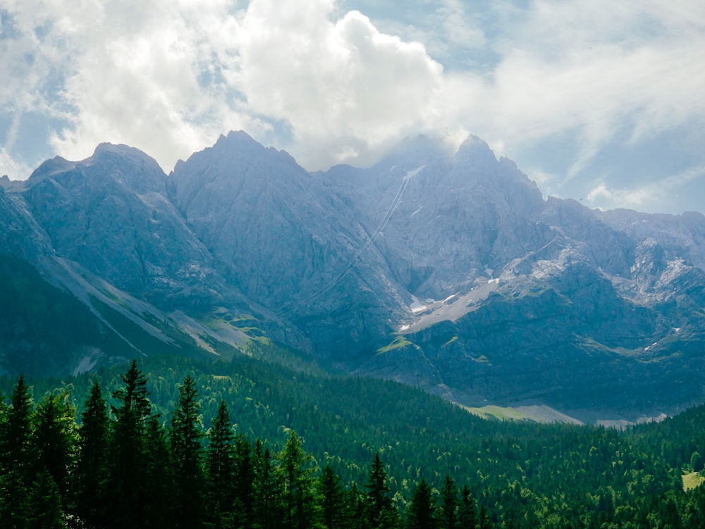 a view of a mountain range with trees in the foreground