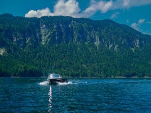 A sleek motorboat cruising near lush green islands under a bright blue sky