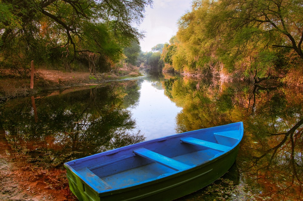 a blue boat sitting on top of a river next to a forest