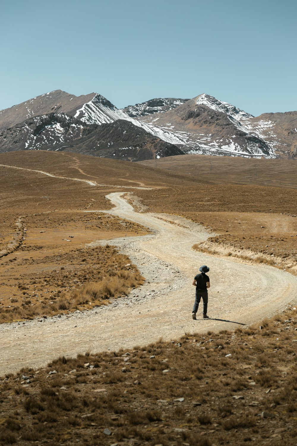 a person standing on a dirt road in the middle of nowhere