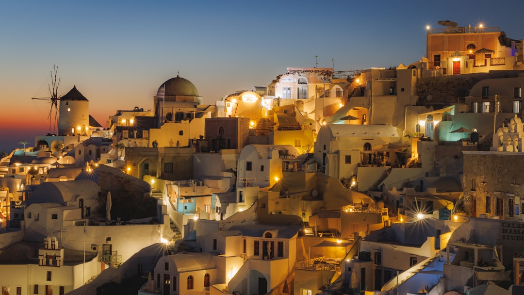 Santorini Greece island sunset over the caldera