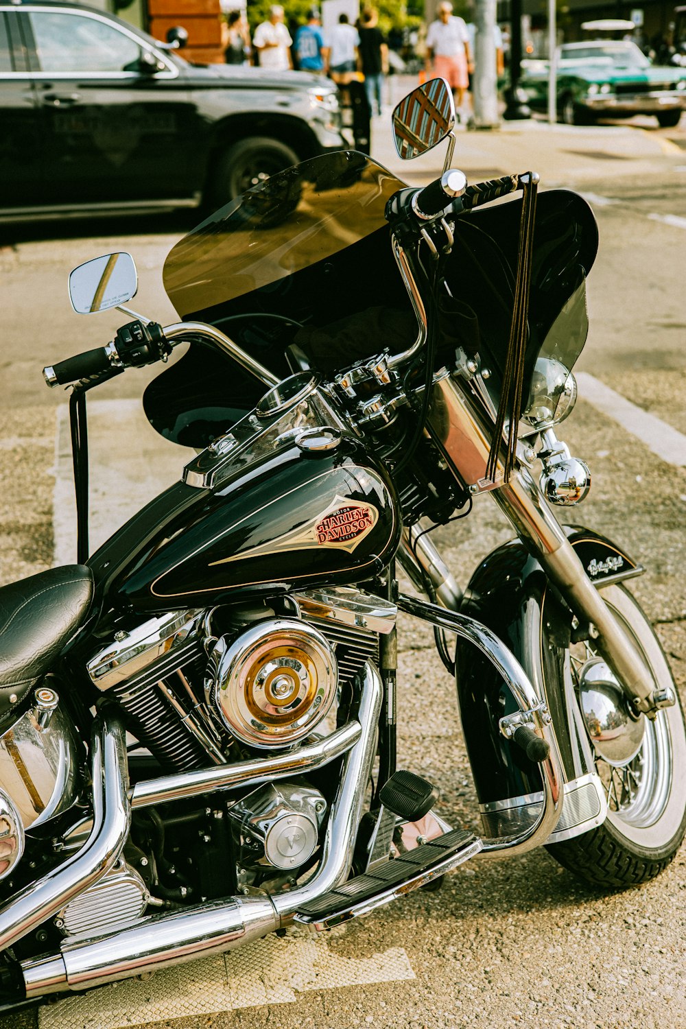 a motorcycle parked on the side of the road