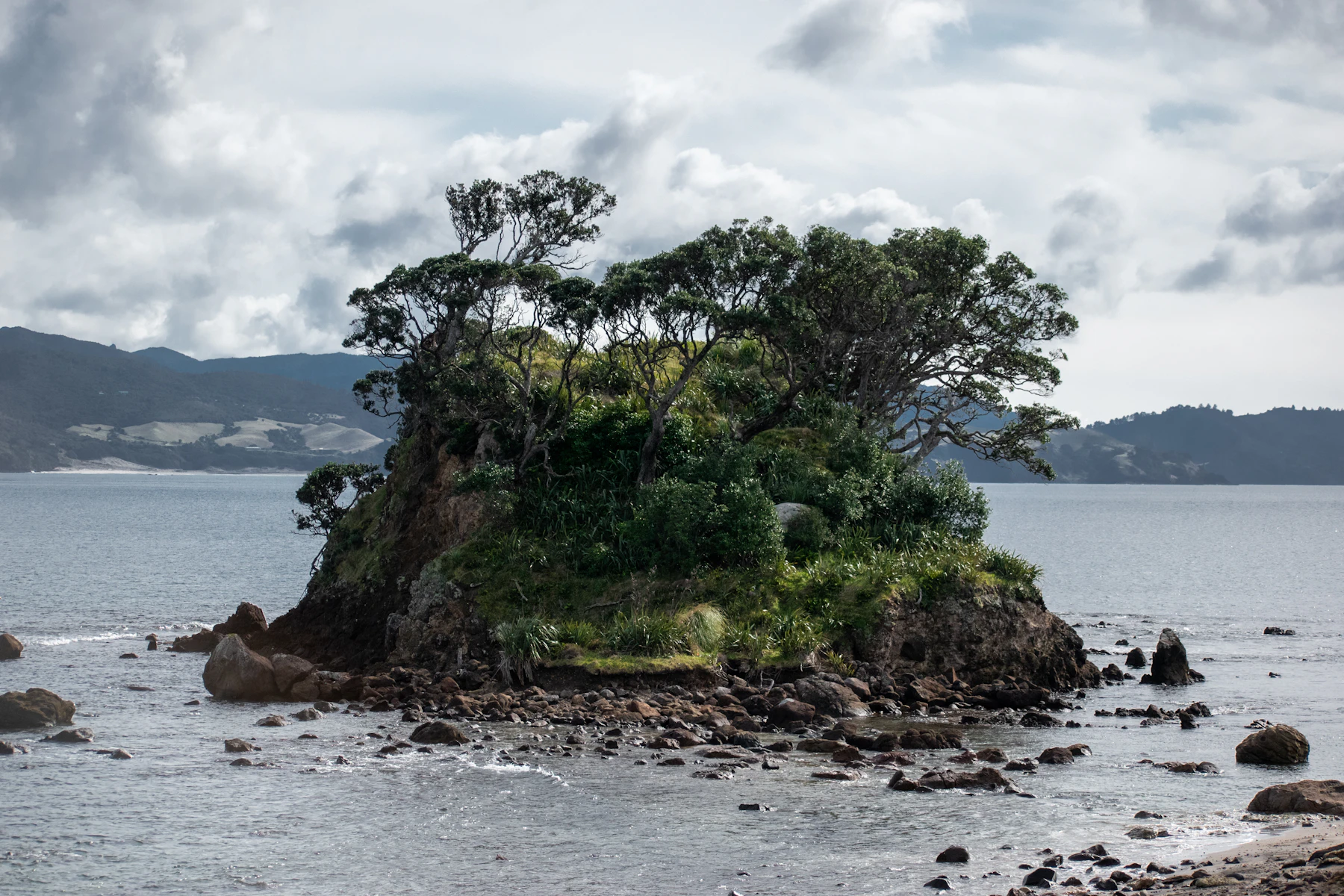 Coastal rock formations and green hills of Waiheke Island