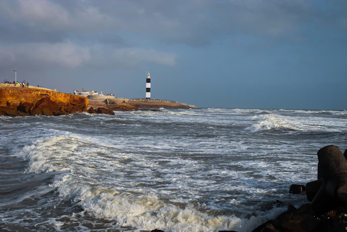 A lighthouse on the rocky Gujarat coast near Dwarka