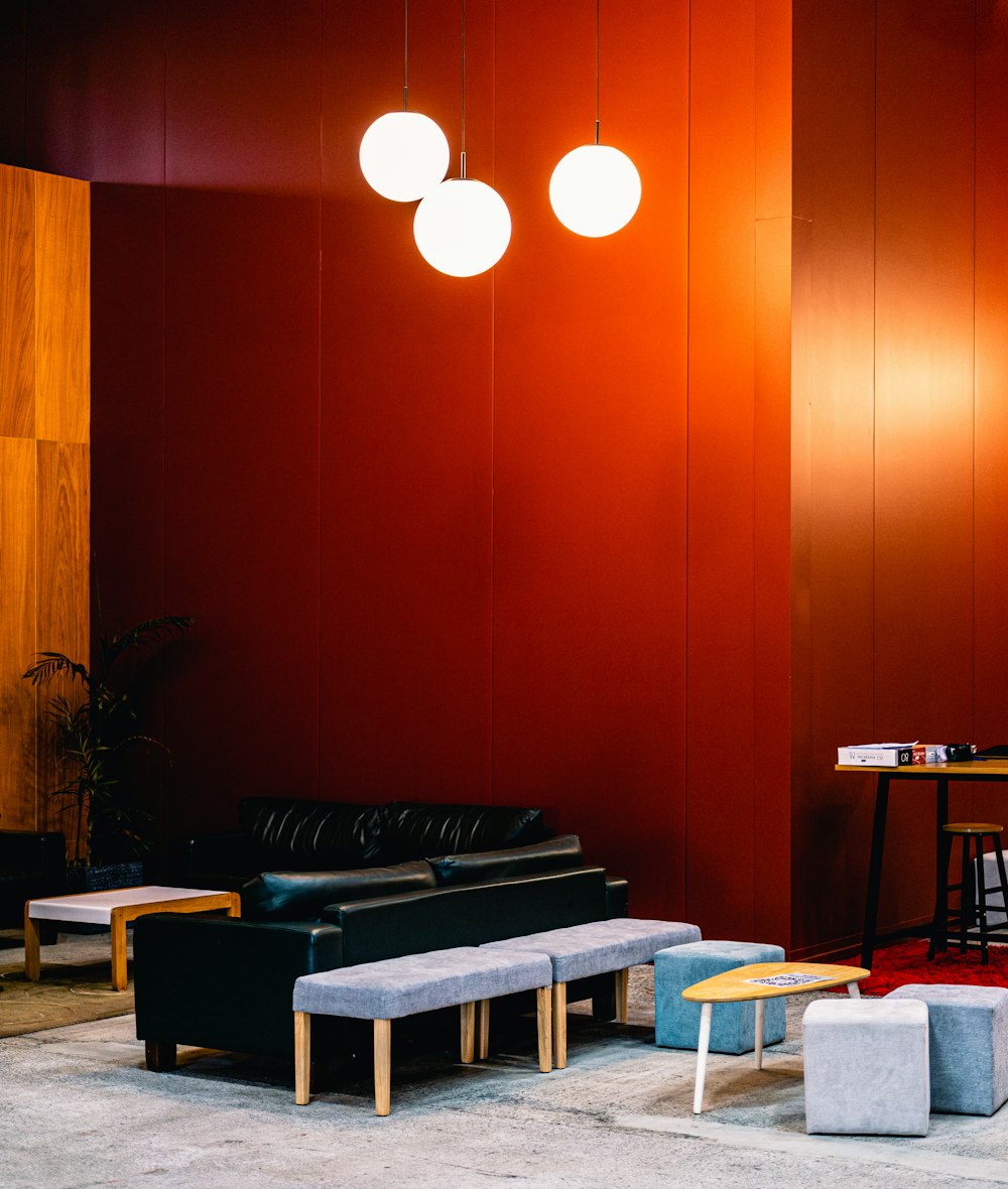 a living room with a couch and a table